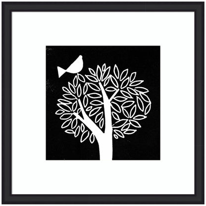 Black and white bird tree linocut framed wall art print