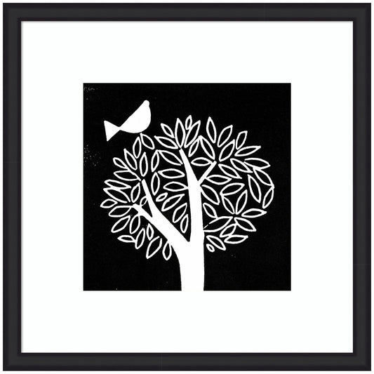 Black and white bird tree linocut framed wall art print