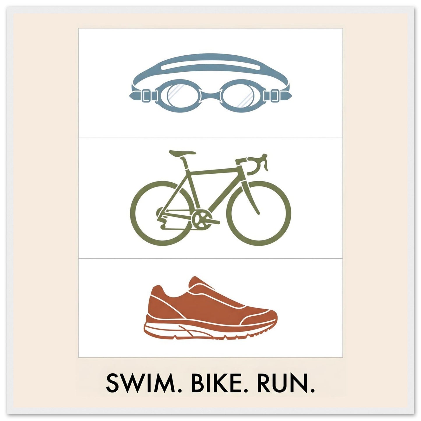 Swim Bike Run Poster: Minimalist Triathlon Icons Wall Art - 70x70 cm / 28x28″ - White frame / Ready-to-hang - Sparkycare
