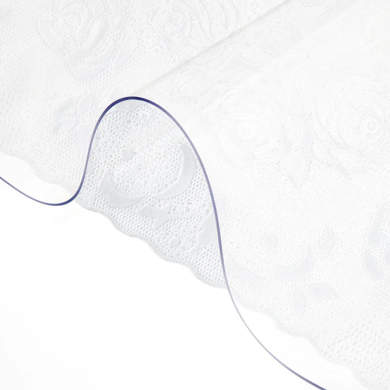 Clear table protector placed over textured lace tablecloth surface