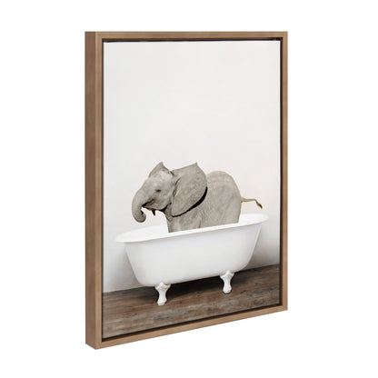 Baby Elephant in the Tub Framed Canvas Wall Art