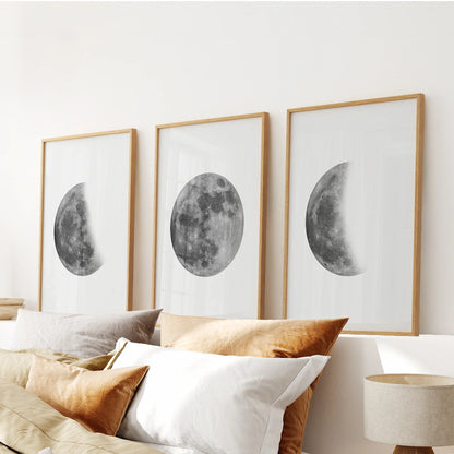 Black and white moon phases wall art set of 3 showing the lunar cycle