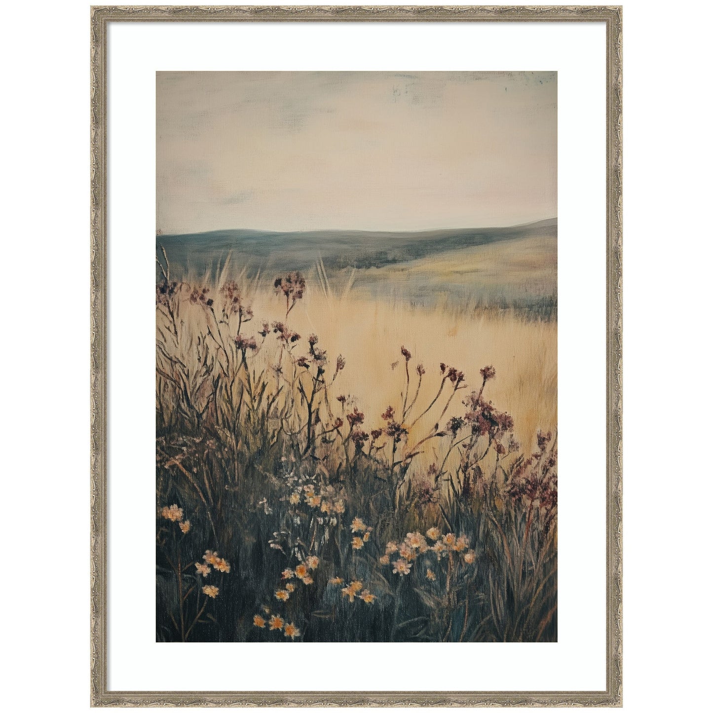 Wildflower meadow landscape stretching toward an open horizon in a wood frame