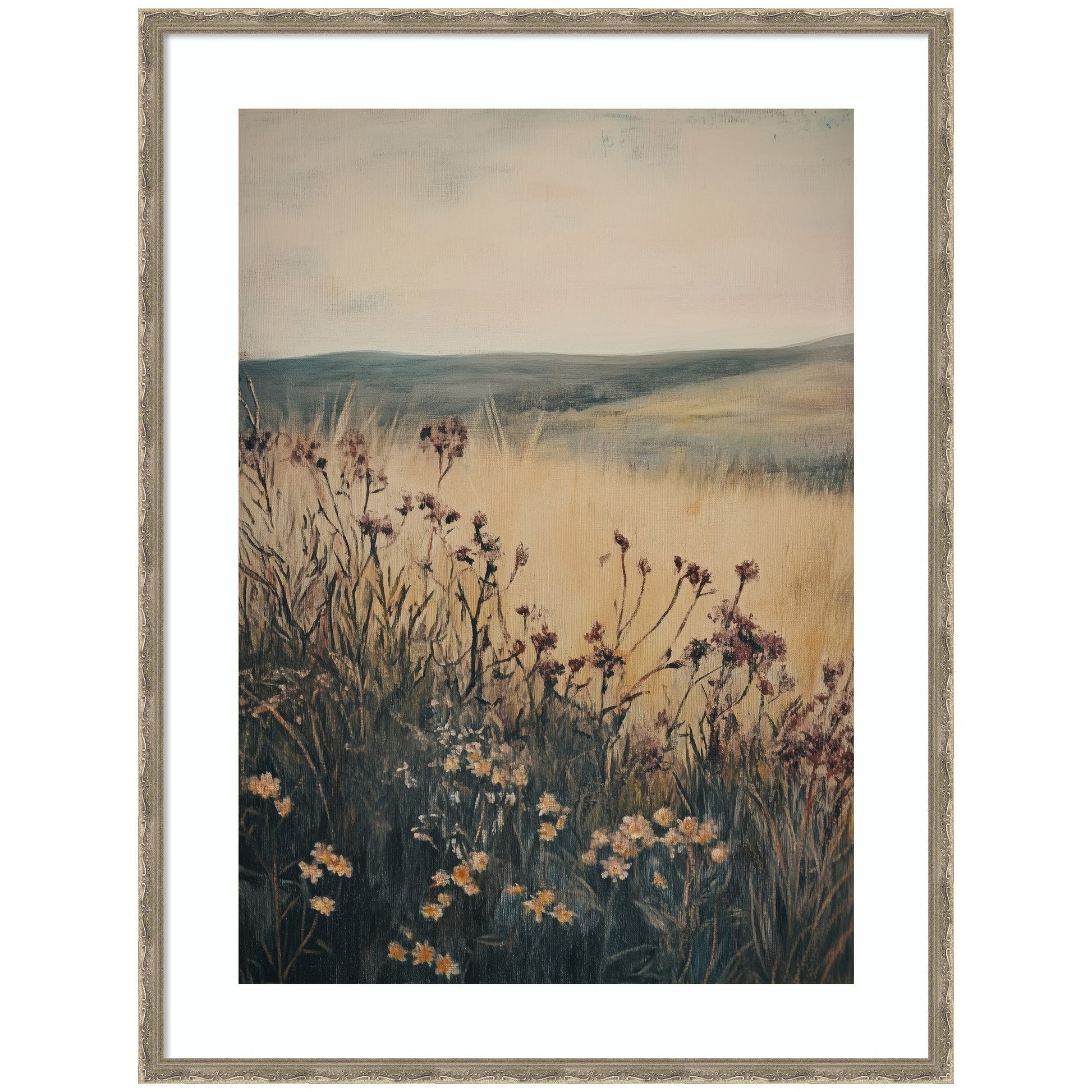 Wildflower meadow landscape stretching toward an open horizon in a wood frame