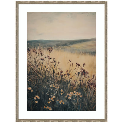 Wildflower meadow landscape stretching toward an open horizon in a wood frame