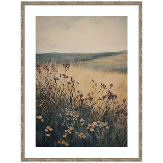 Wildflower meadow landscape stretching toward an open horizon in a wood frame