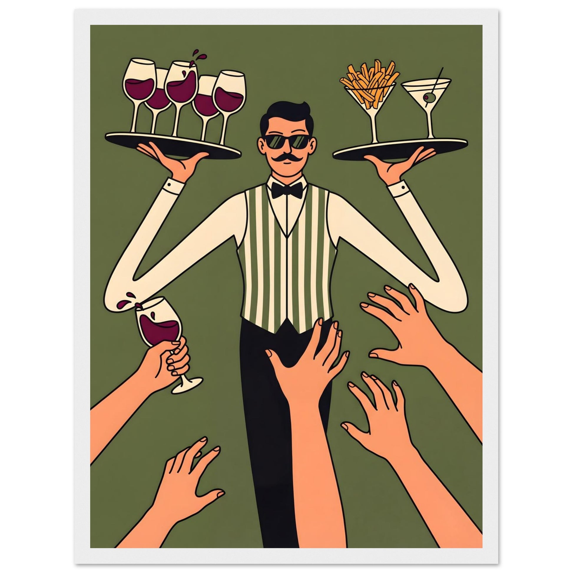 Retro Waiter Bar Art, Framed Server Wall Decor - 20x25 cm / 8x10″ - White frame / Ready-to-hang - Sparkycare
