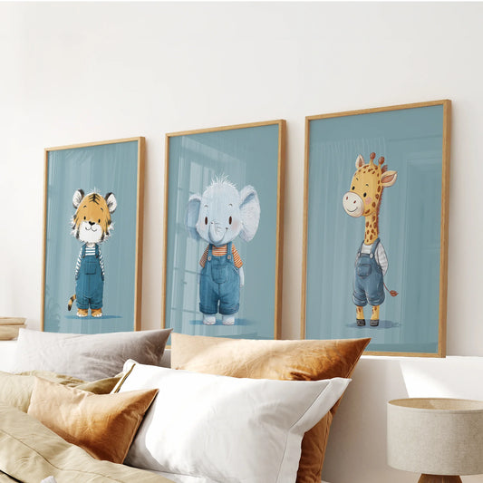 Safari nursery wall art set of 3 with elephant, giraffe, and tiger in blue tones