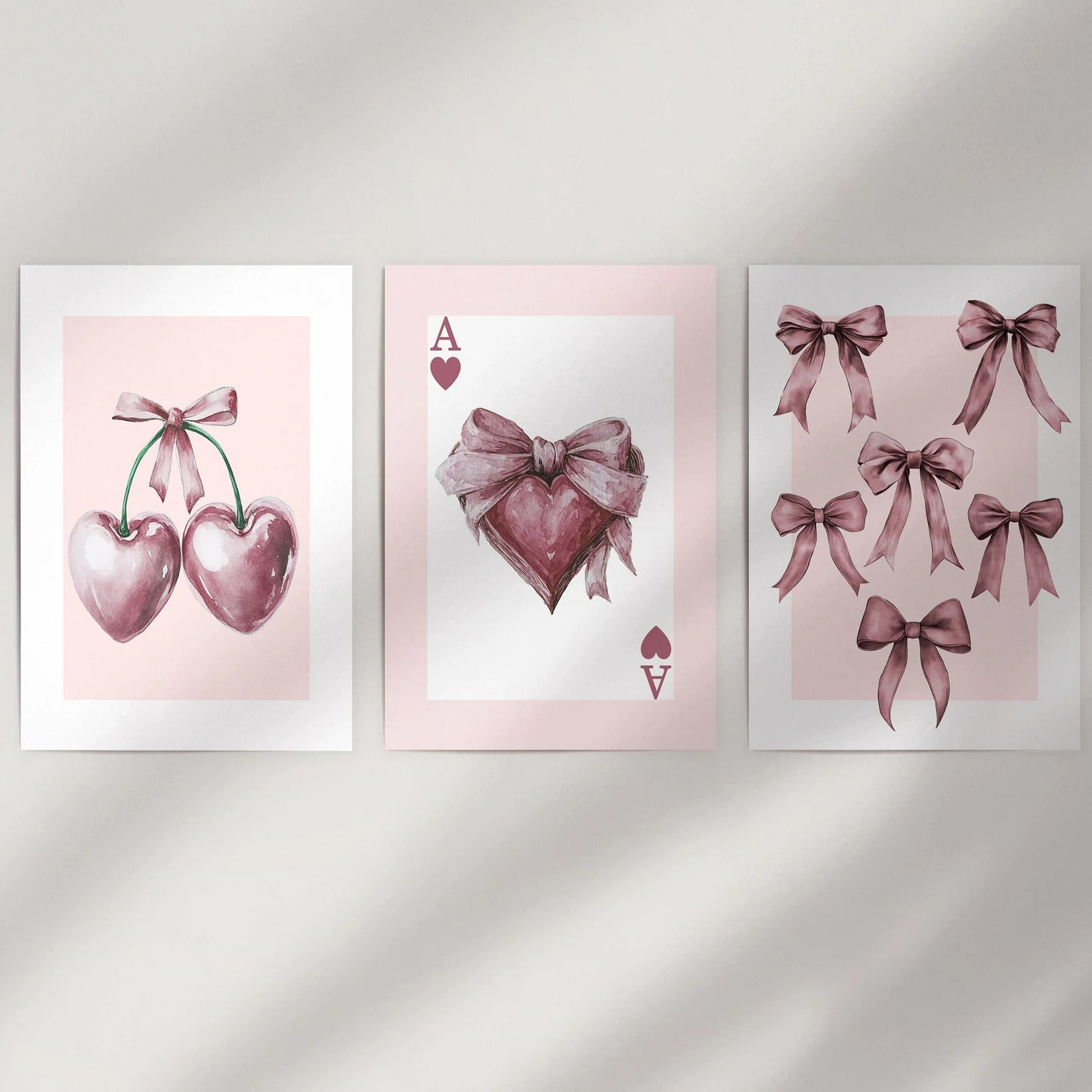 Coquette Cherry Wall Art Set of 3 Pink Romantic Decor