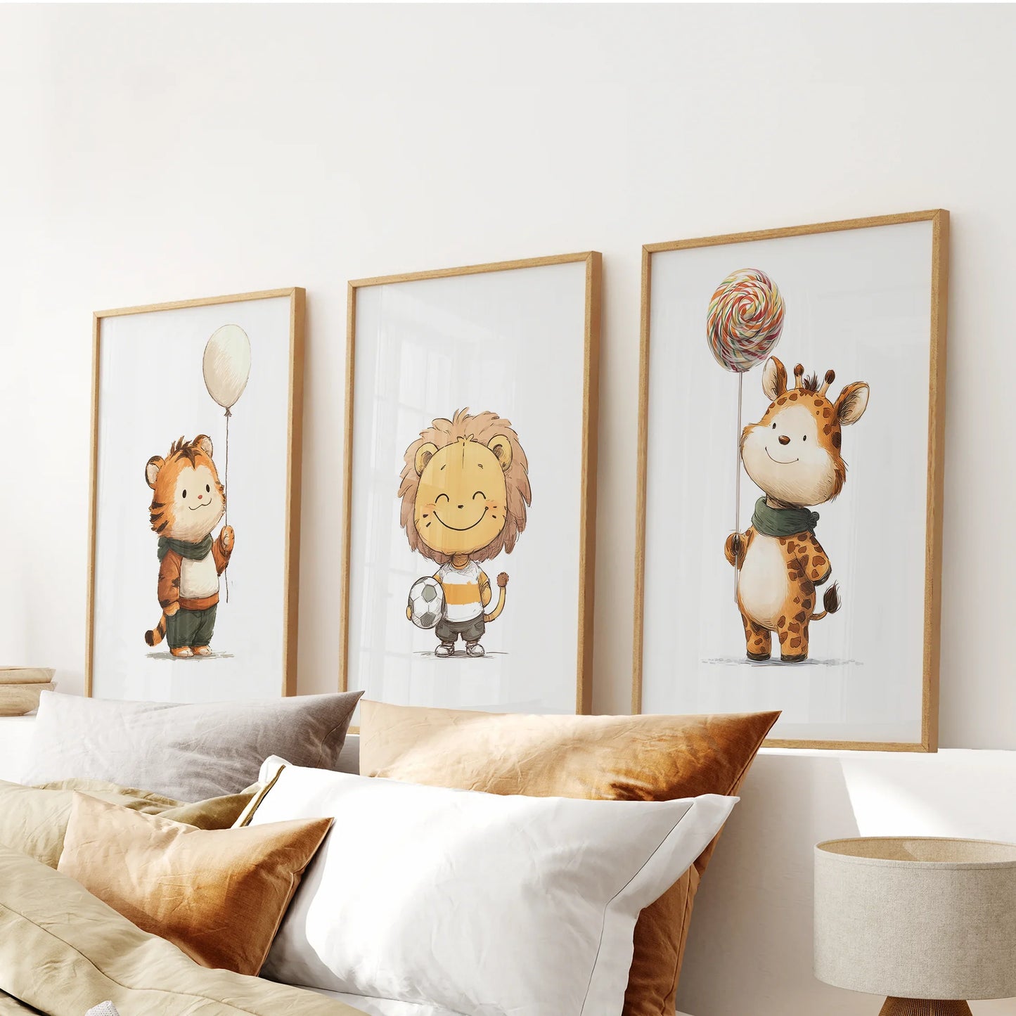 Woodland Jungle Nursery Wall Art Set of 3 - Lion, Giraffe, Tiger