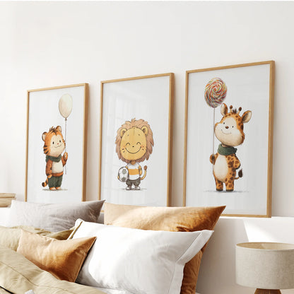 Woodland Jungle Nursery Wall Art Set of 3 - Lion, Giraffe, Tiger
