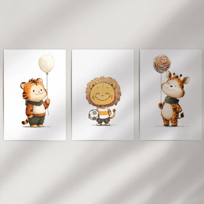 Woodland Jungle Nursery Wall Art Set of 3 - Lion, Giraffe, Tiger