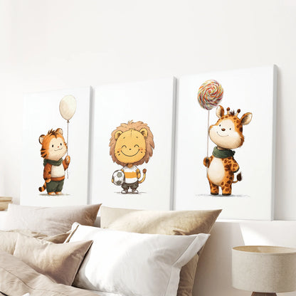Woodland Jungle Nursery Wall Art Set of 3 - Lion, Giraffe, Tiger