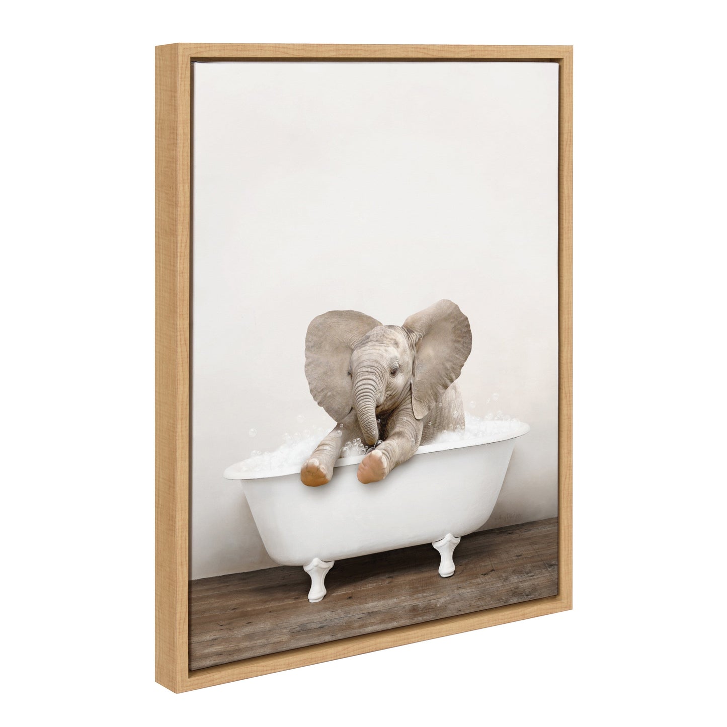 Baby Elephant in Rustic Bath Framed Canvas Wall Art