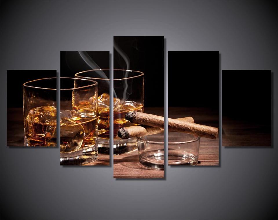 Cigar and bourbon 5-piece canvas wall art set