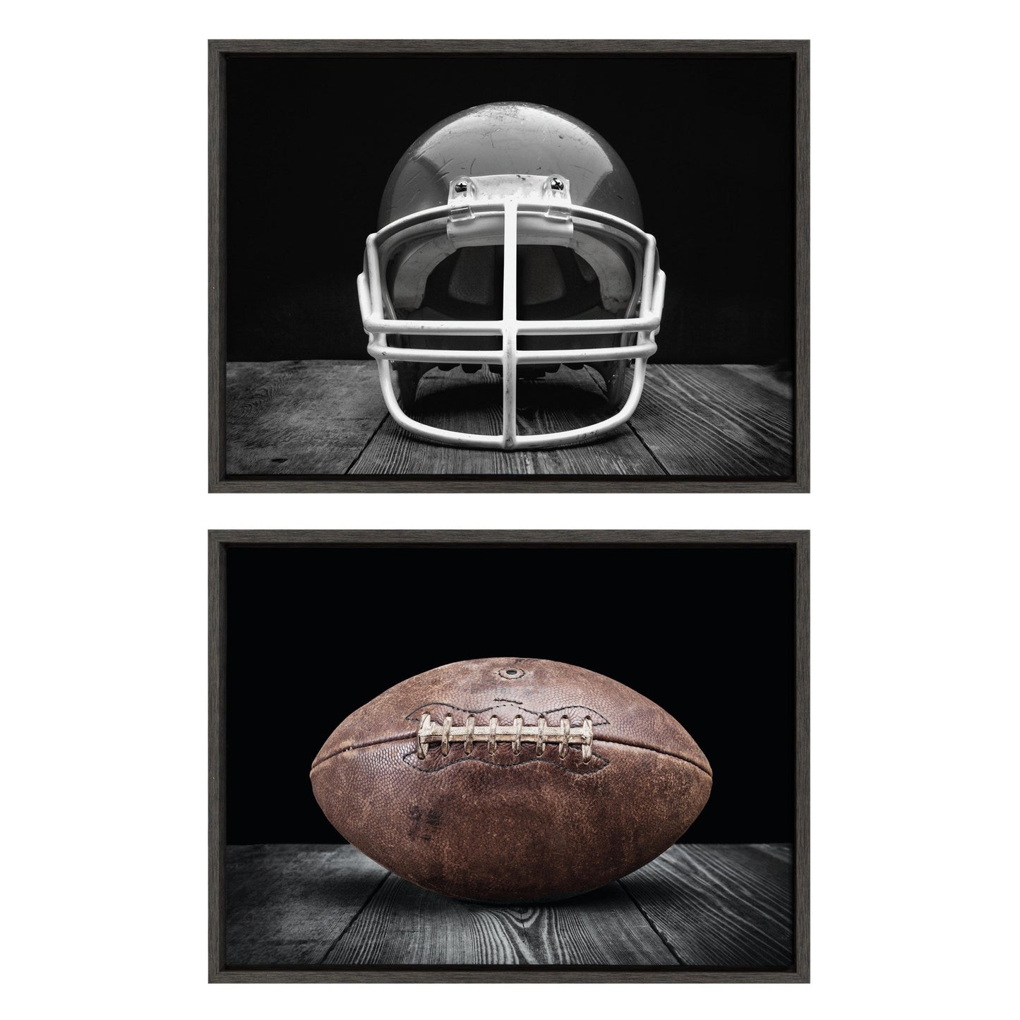 Vintage football helmet and football framed canvas art set on black, easy to hang