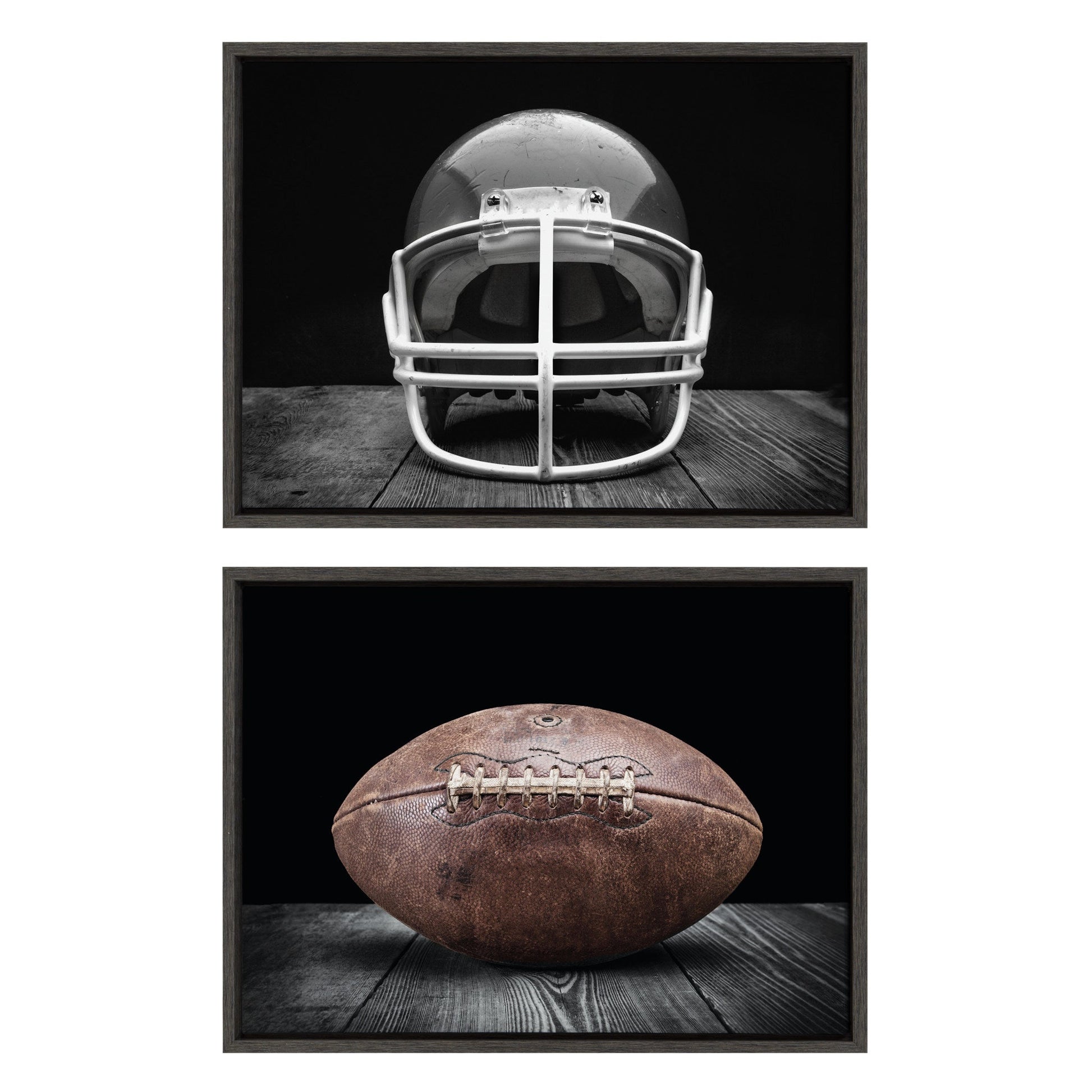 Vintage football helmet and football framed canvas art set on black, easy to hang