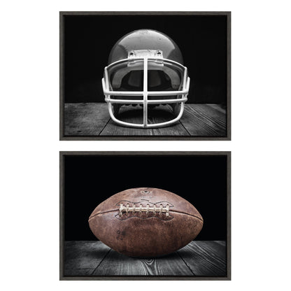 Vintage football helmet and football framed canvas art set on black, easy to hang
