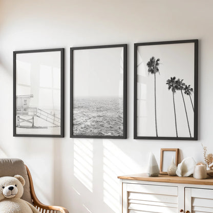 Black and White Coastal Wall Art Set of 3 (Unframed)