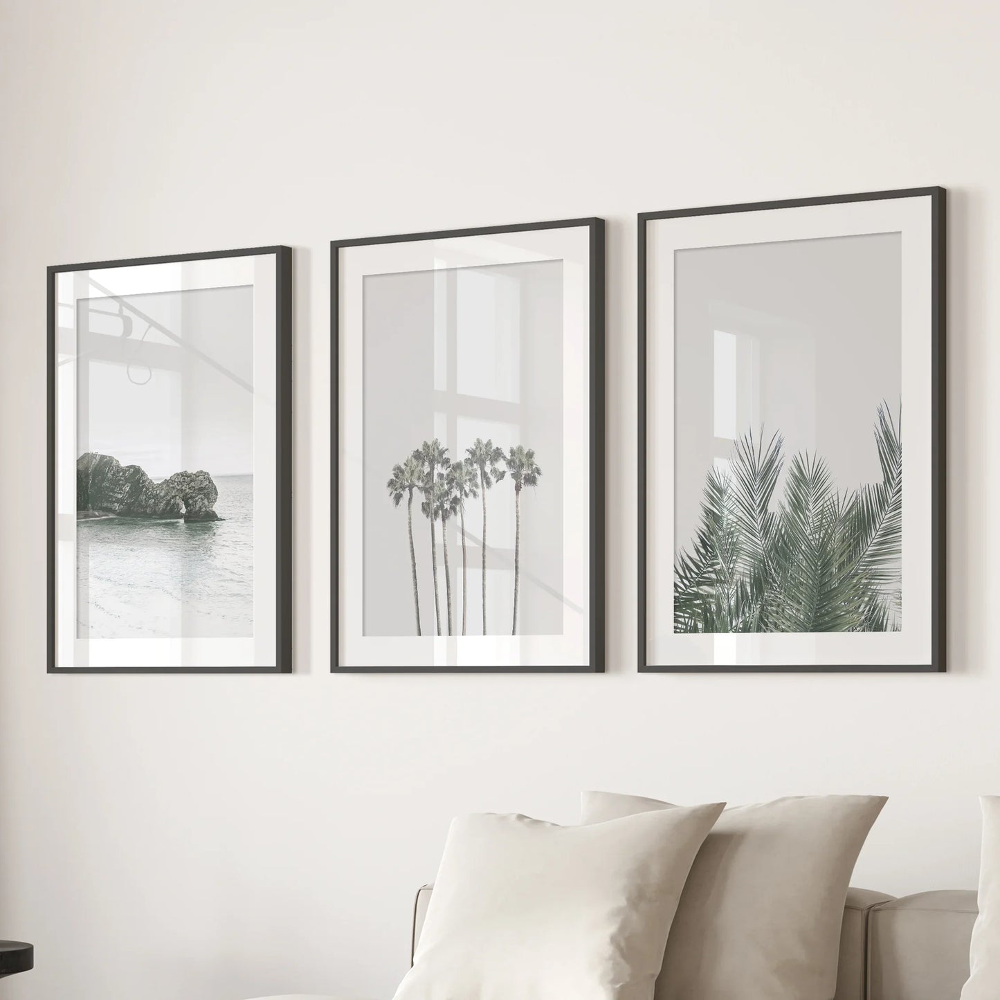 Modern Coastal Wall Art Set of 3 Ocean and Palm Prints