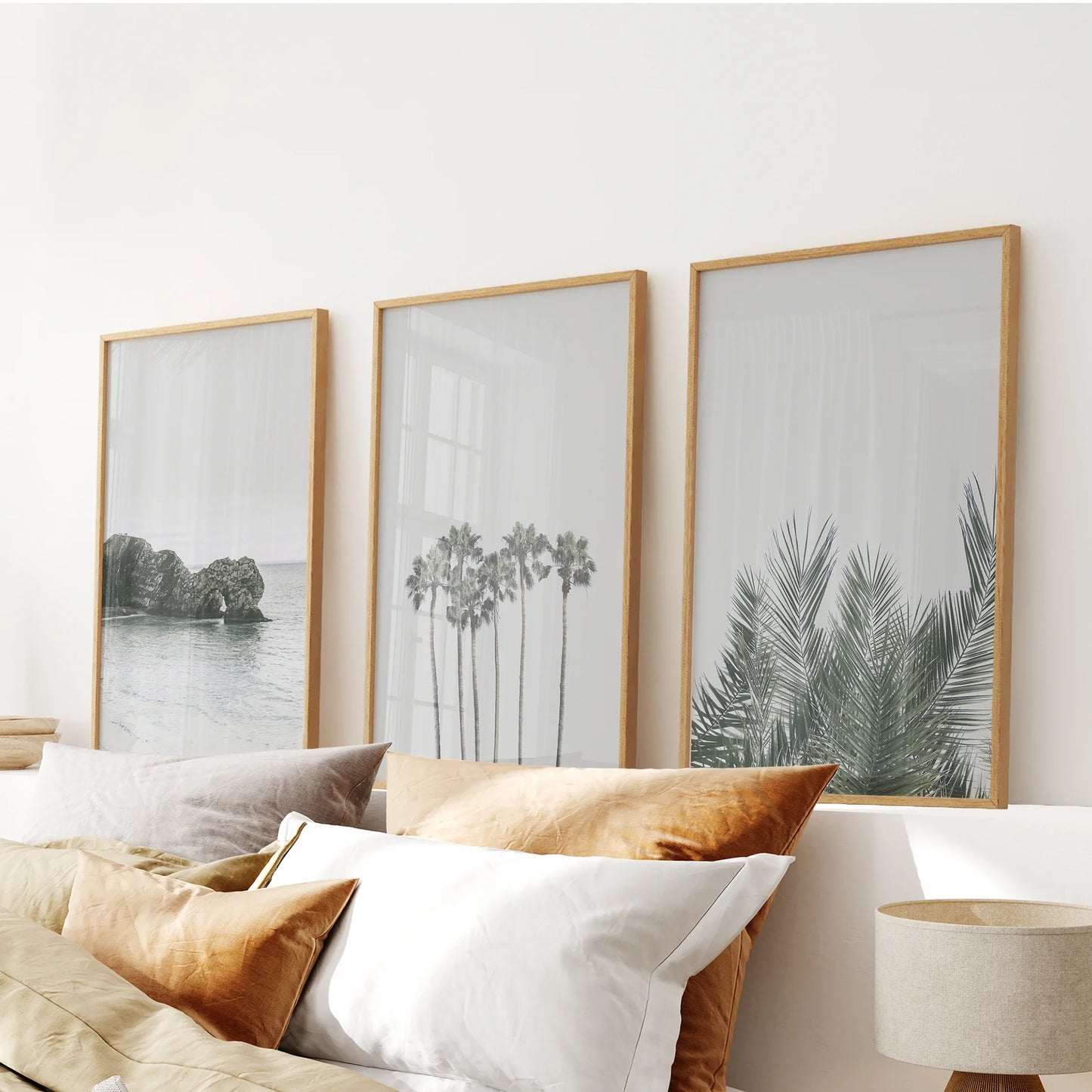 Modern coastal ocean and palm wall art set of 3 prints