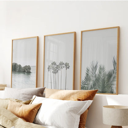 Modern coastal ocean and palm wall art set of 3 prints