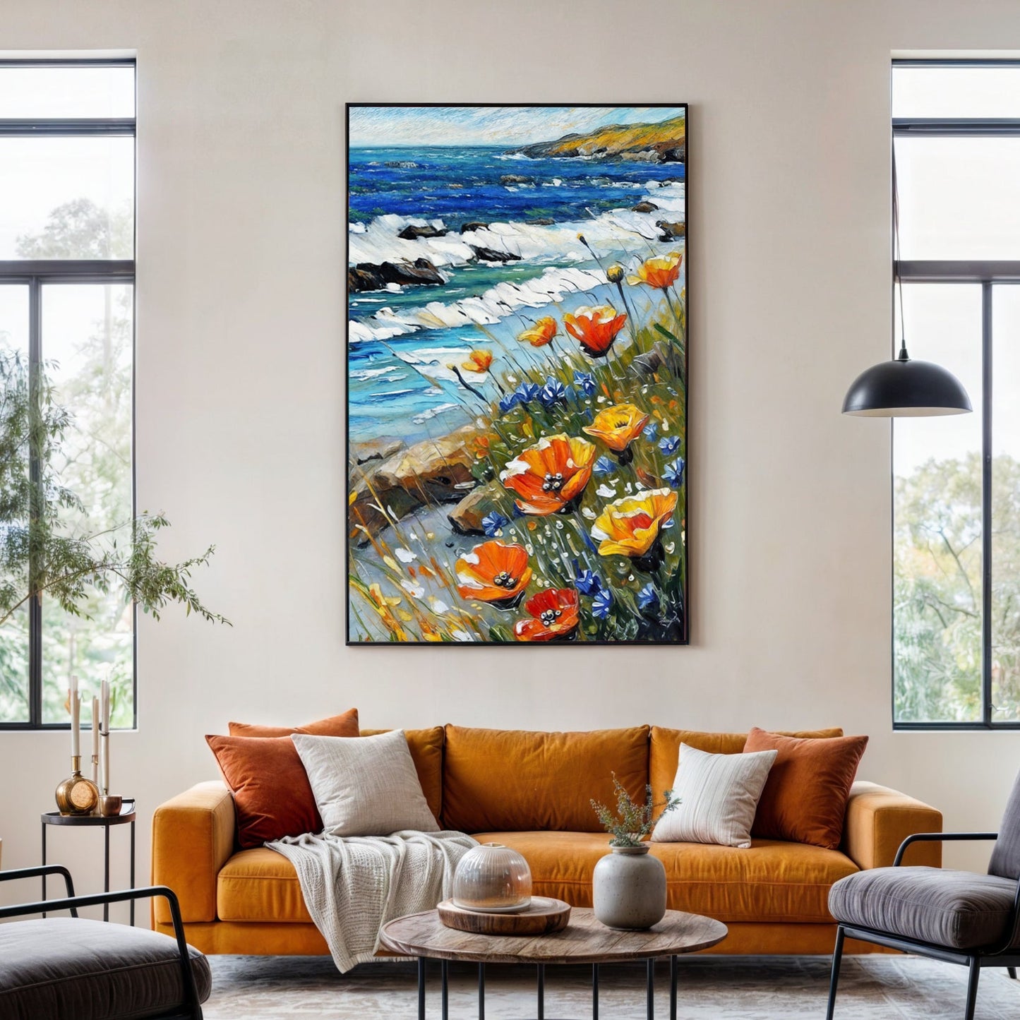 Coastal Blooms floral ocean canvas wall art with vibrant coastal flowers and sea backdrop