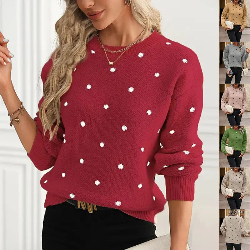 collage of the polka-dot knit sweater worn in red with small side previews of other colors