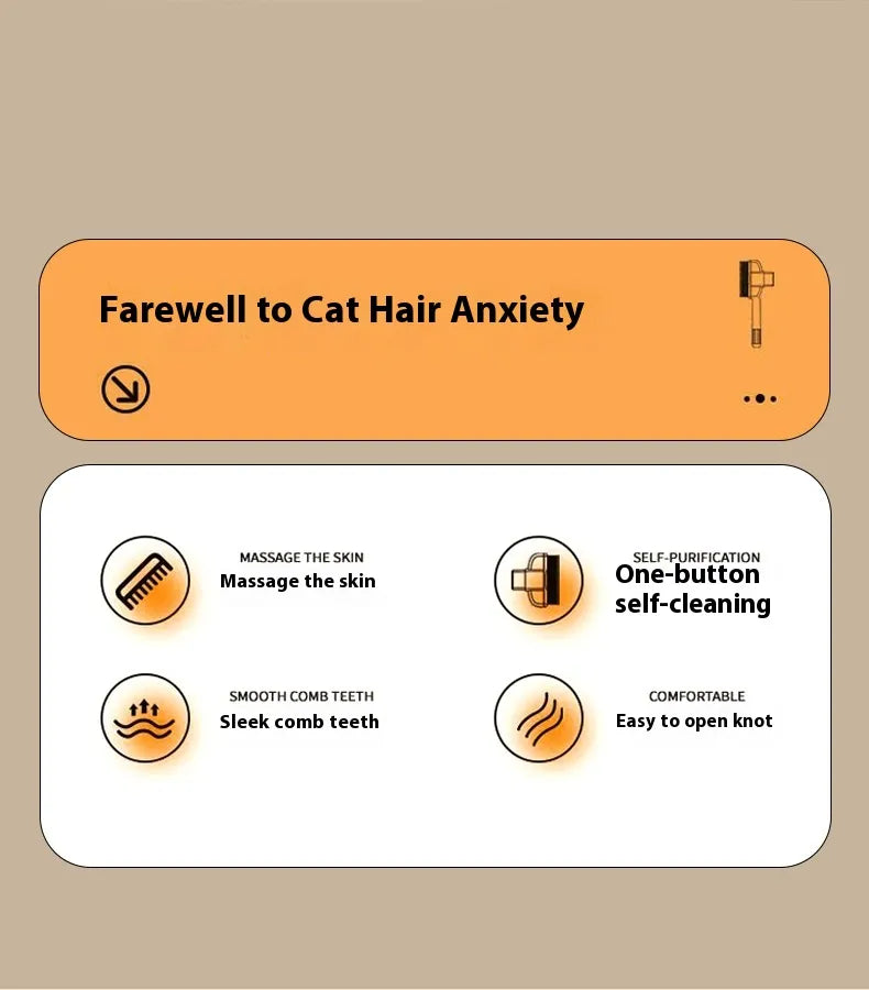 comb for cats and dogs showing card with text 'Farewell to Cat Hair Anxiety' and benefit icons on a beige background