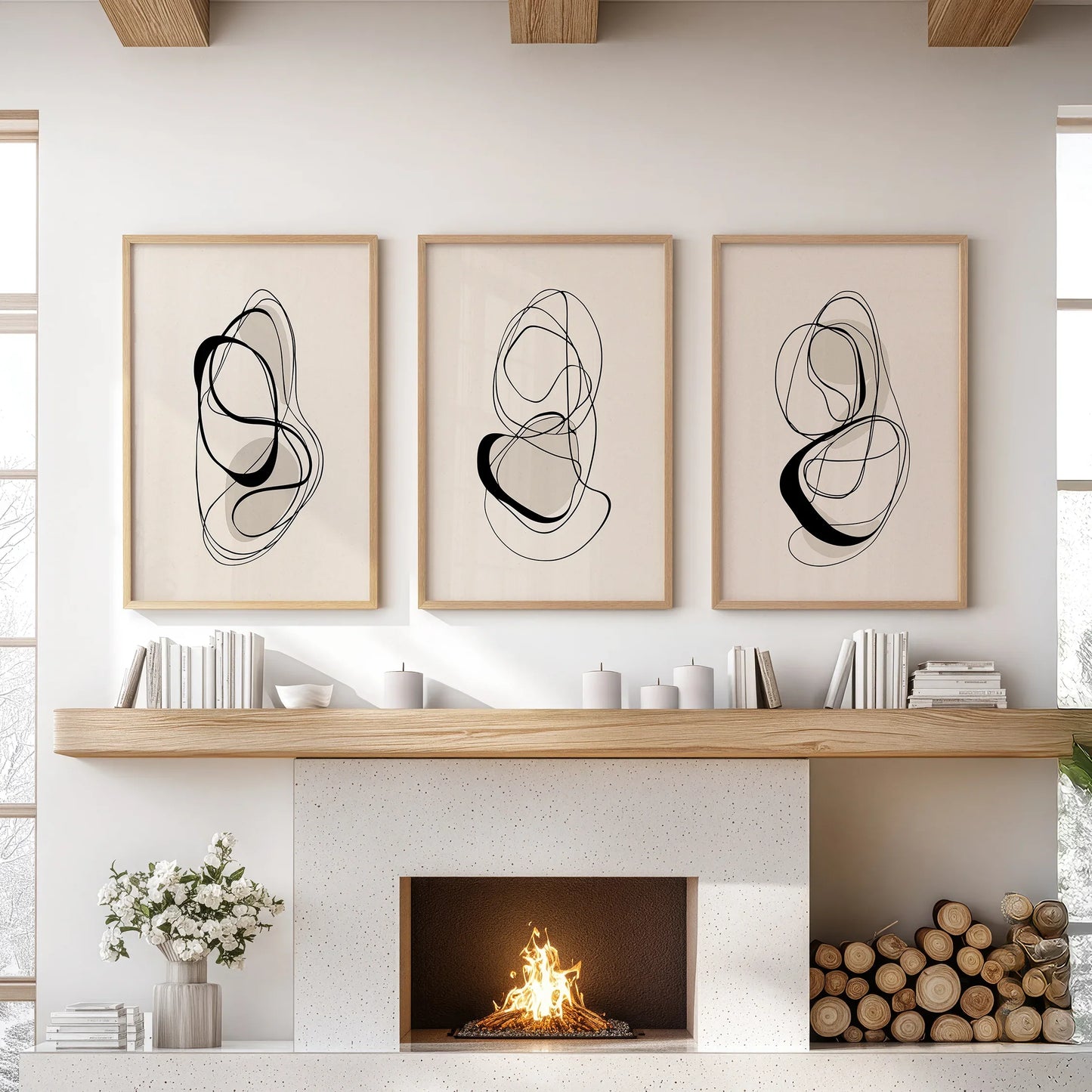 Black and Beige Abstract Wall Art Set of 3 Line Prints