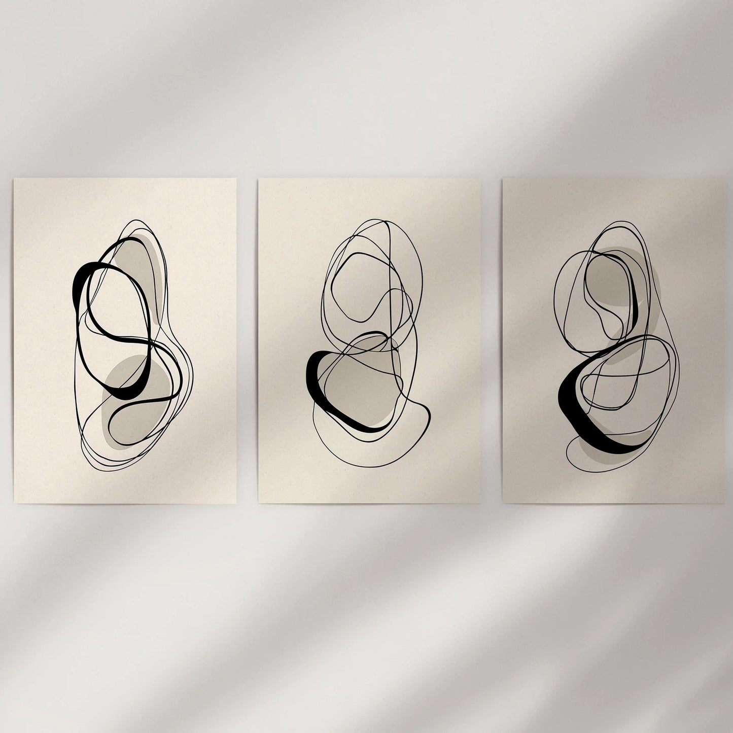 Black and Beige Abstract Wall Art Set of 3 Line Prints