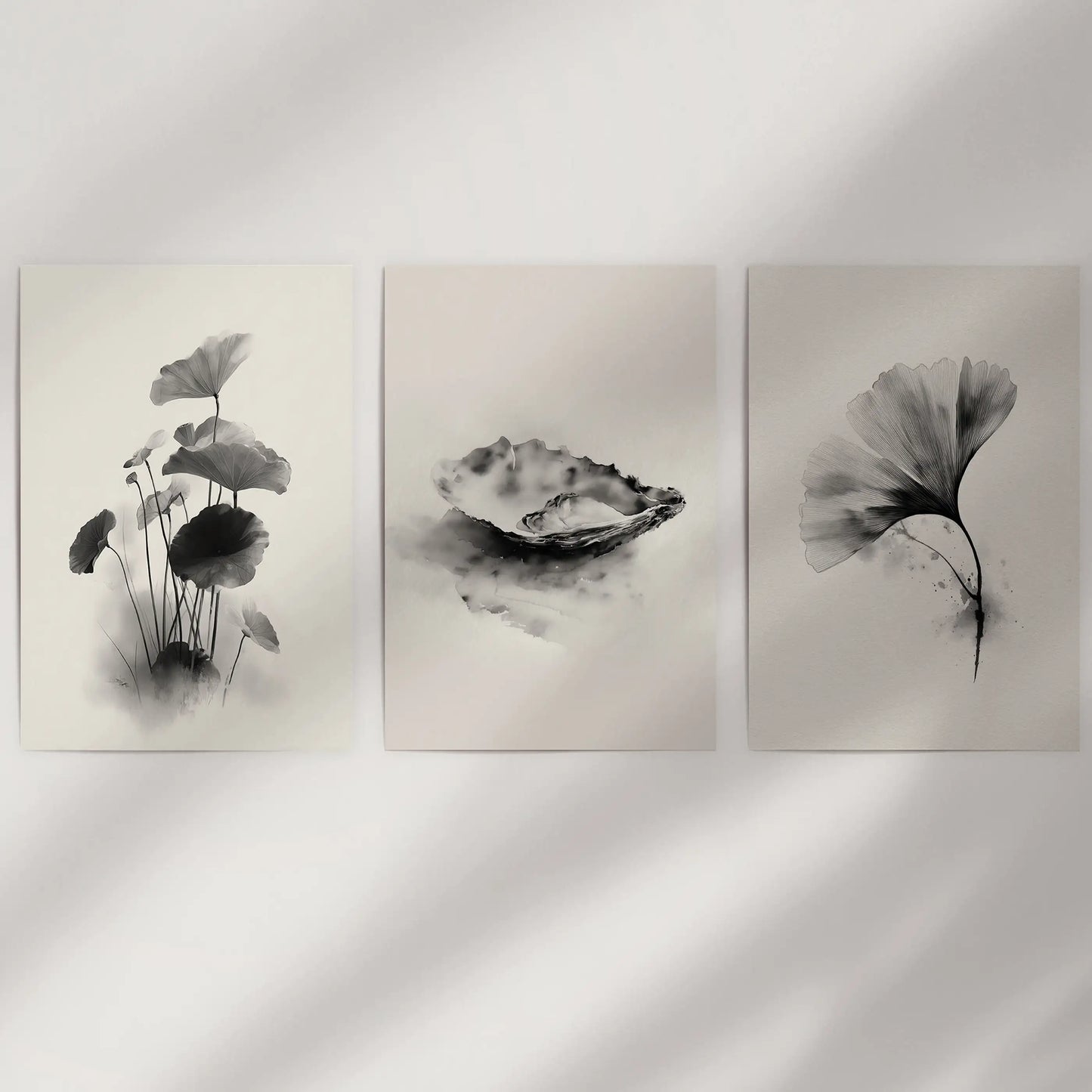 Japanese Botanical Wall Art Set of 3 Black and White Flowers