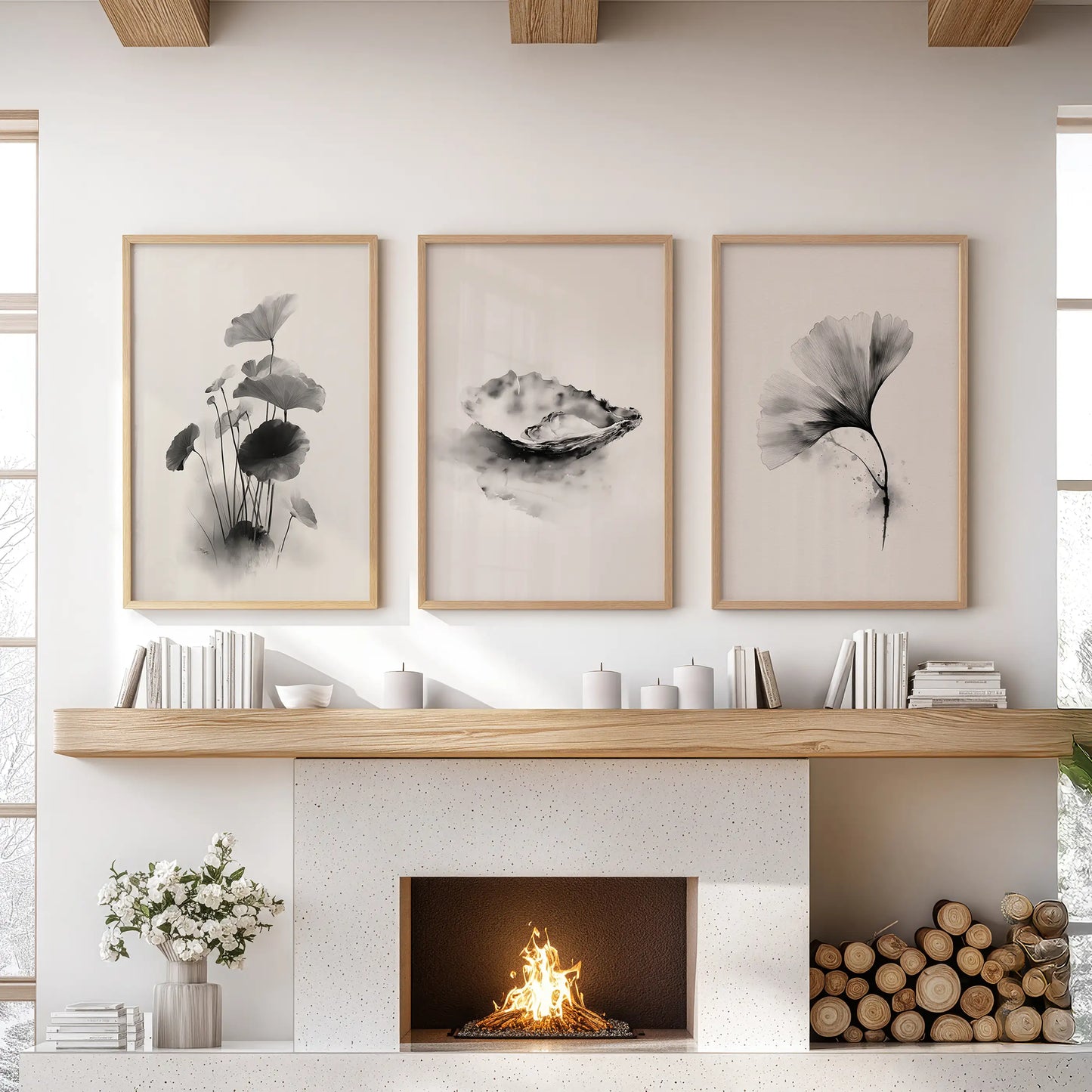 Japanese Botanical Wall Art Set of 3 Black and White Flowers