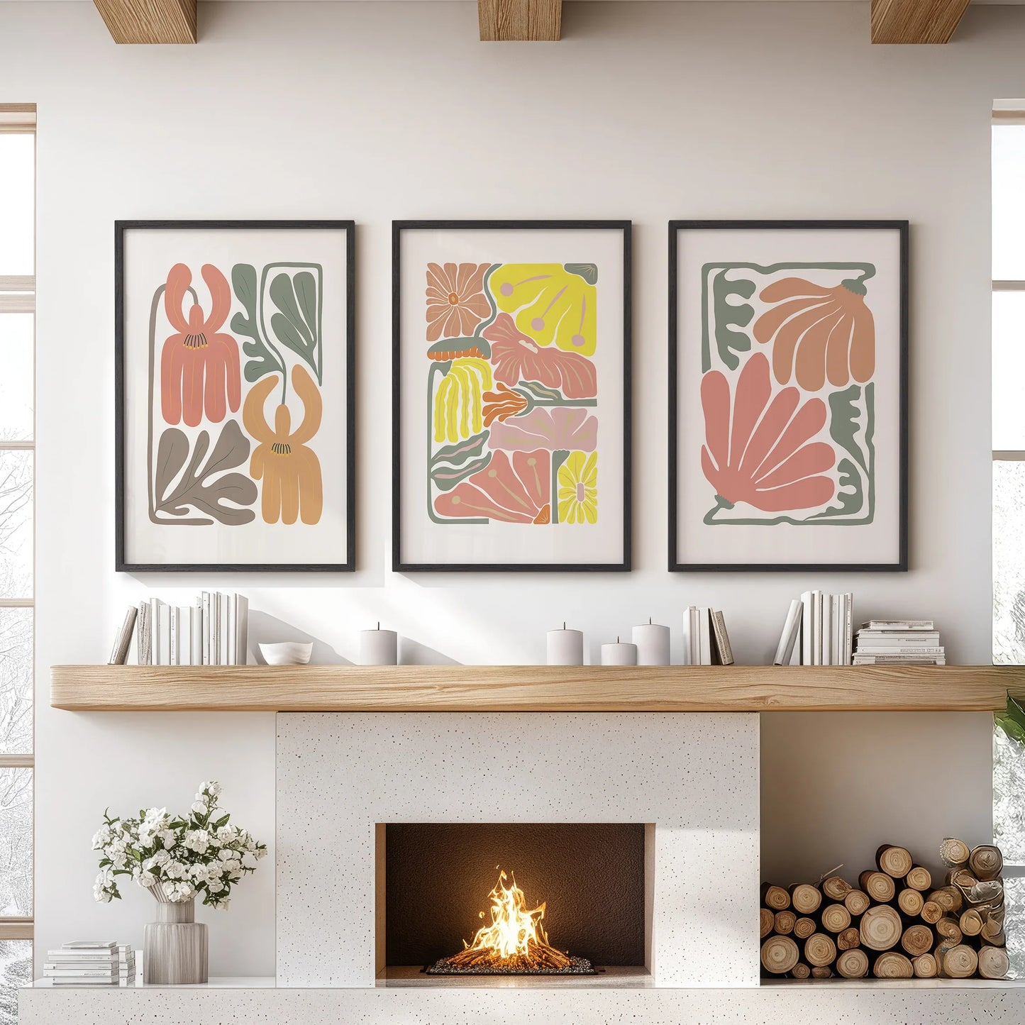 Boho Botanical Wall Art Set of 3 Abstract Flower Prints