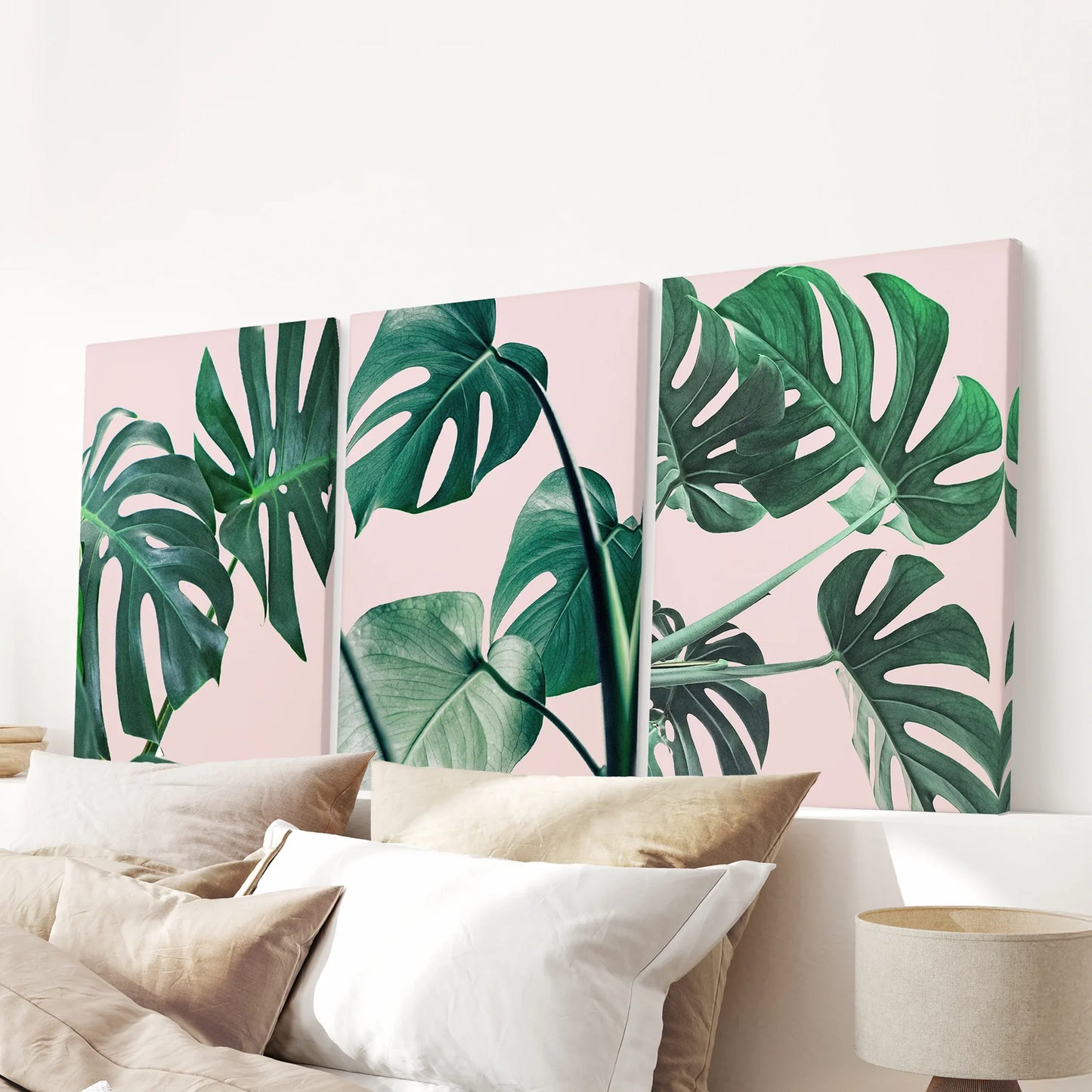 Pink Botanical Wall Art Set of 3 Green Monstera Prints