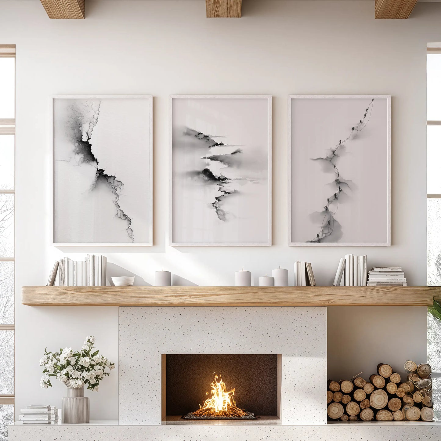 Abstract Mountain Wall Art, Black White 3 Piece Set