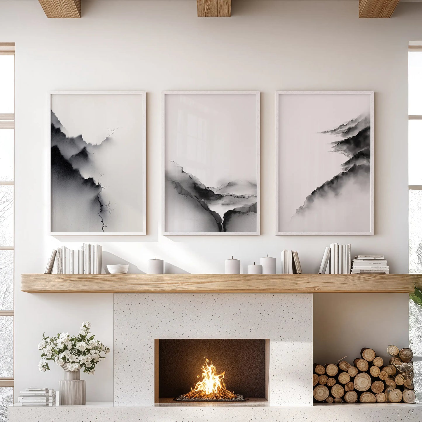 Mountain Landscape Wall Art Set of 3 Black and White Prints