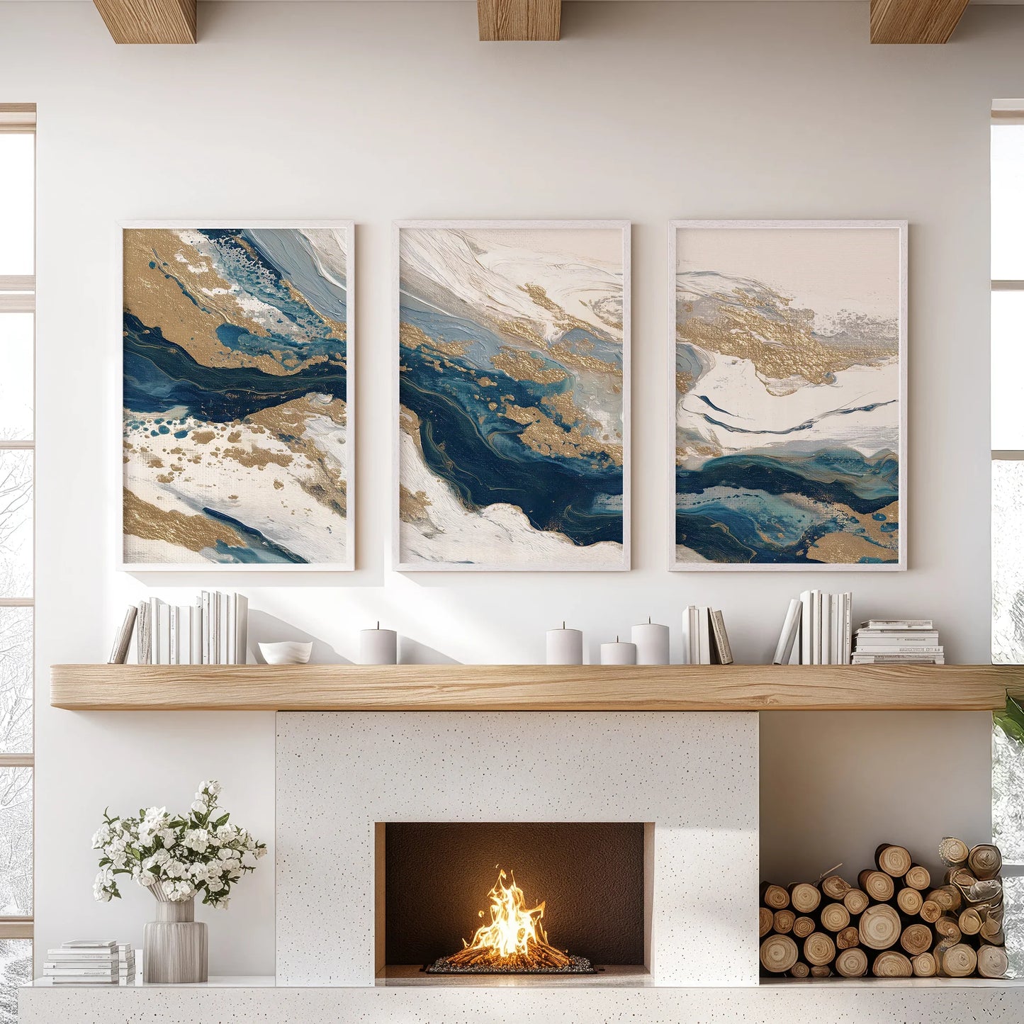 Gold and Blue Brush Stroke Abstract Wall Art Set of 3