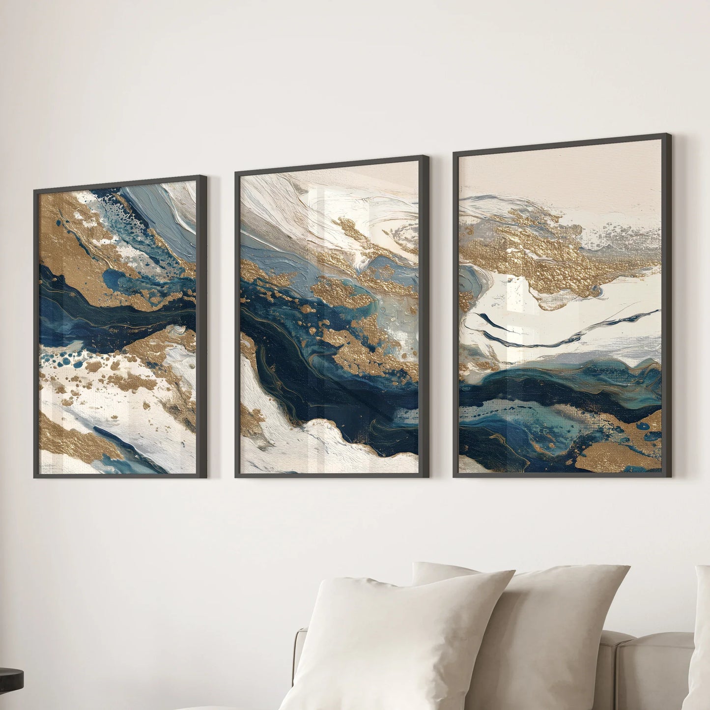 Gold and Blue Brush Stroke Abstract Wall Art Set of 3