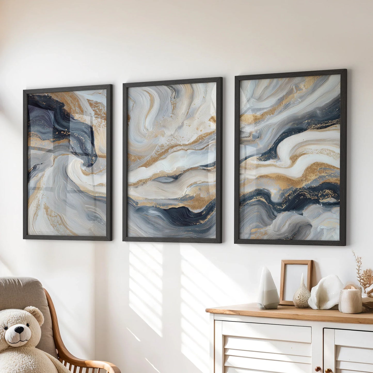 Marble Abstract Wall Art Set of 3 Navy Blue and Gold Prints