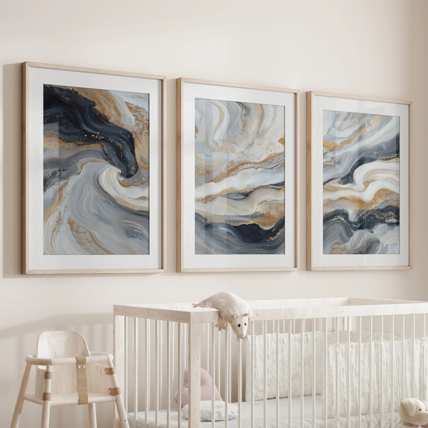 Marble Abstract Wall Art Set of 3 Navy Blue and Gold Prints