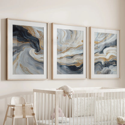 Marble Abstract Wall Art Set of 3 Navy Blue and Gold Prints
