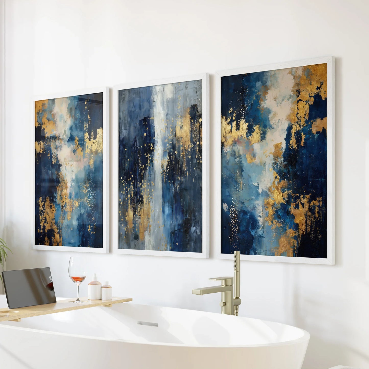 Navy and Gold Abstract Wall Art Set of 3 Contemporary Prints