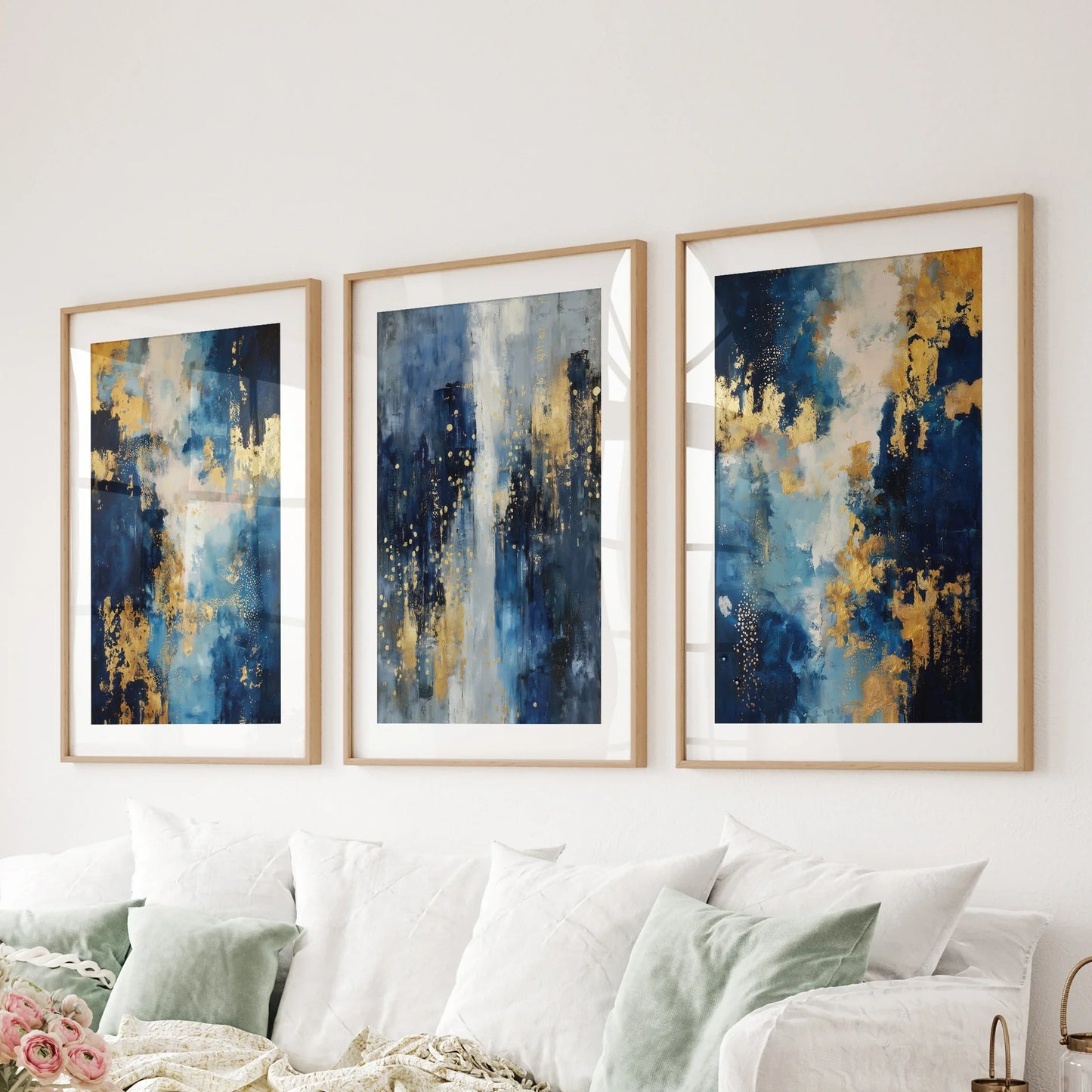 Navy and Gold Abstract Wall Art Set of 3 Contemporary Prints