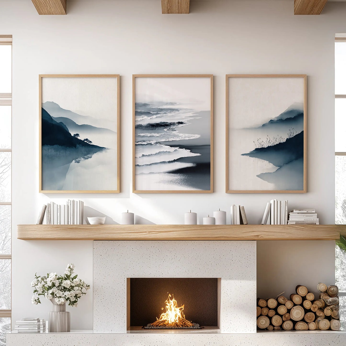 Minimalist Mountain Lake Landscape Wall Art Set of 3