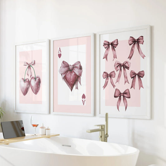 Coquette Cherry Wall Art Set of 3 Pink Romantic Decor