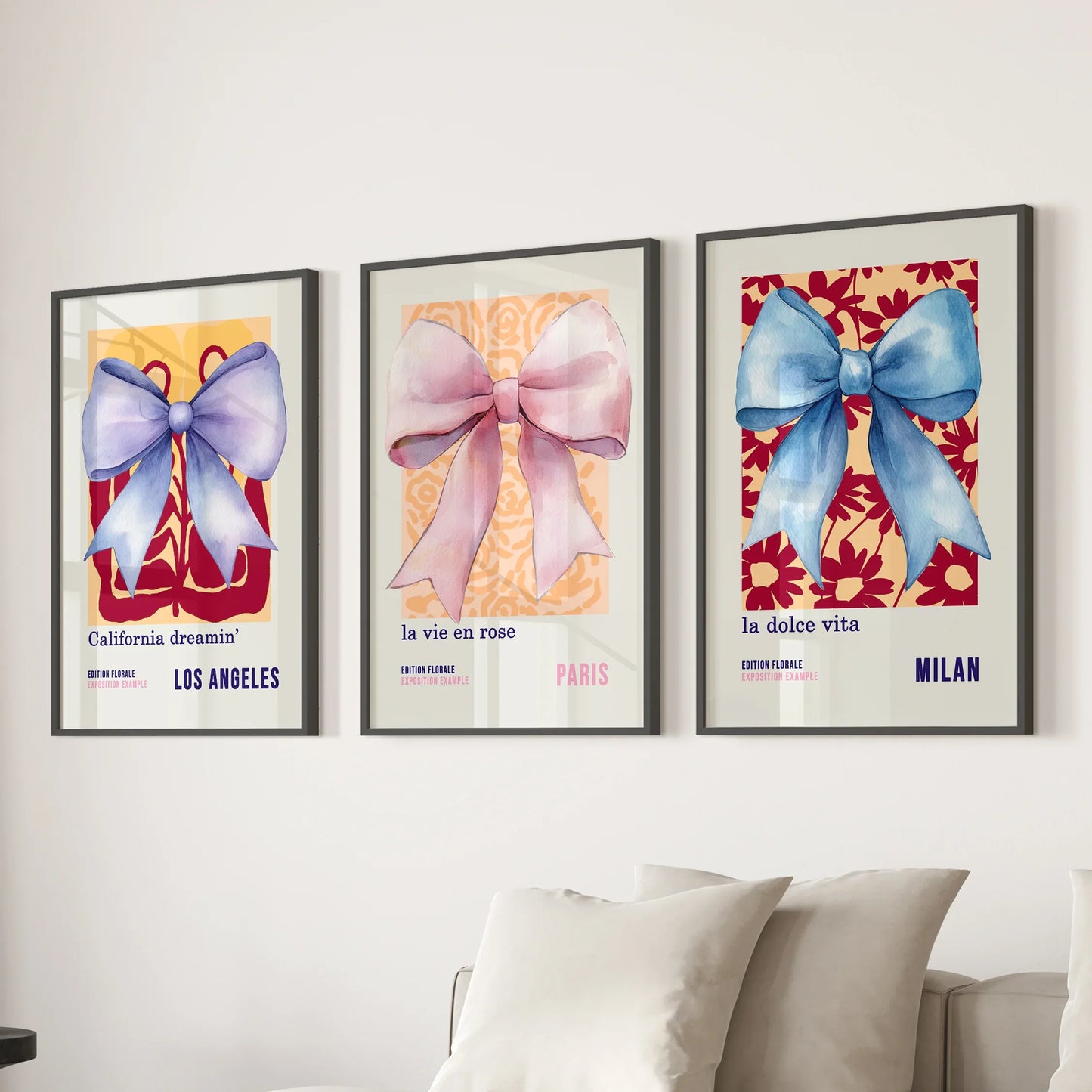 Girly Bow Wall Art Set of 3 Preppy Pastel Prints