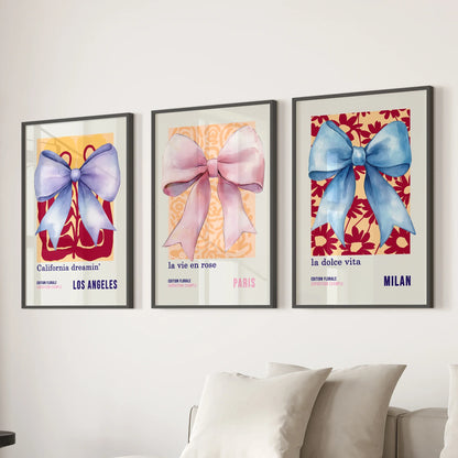Girly Bow Wall Art Set of 3 Preppy Pastel Prints