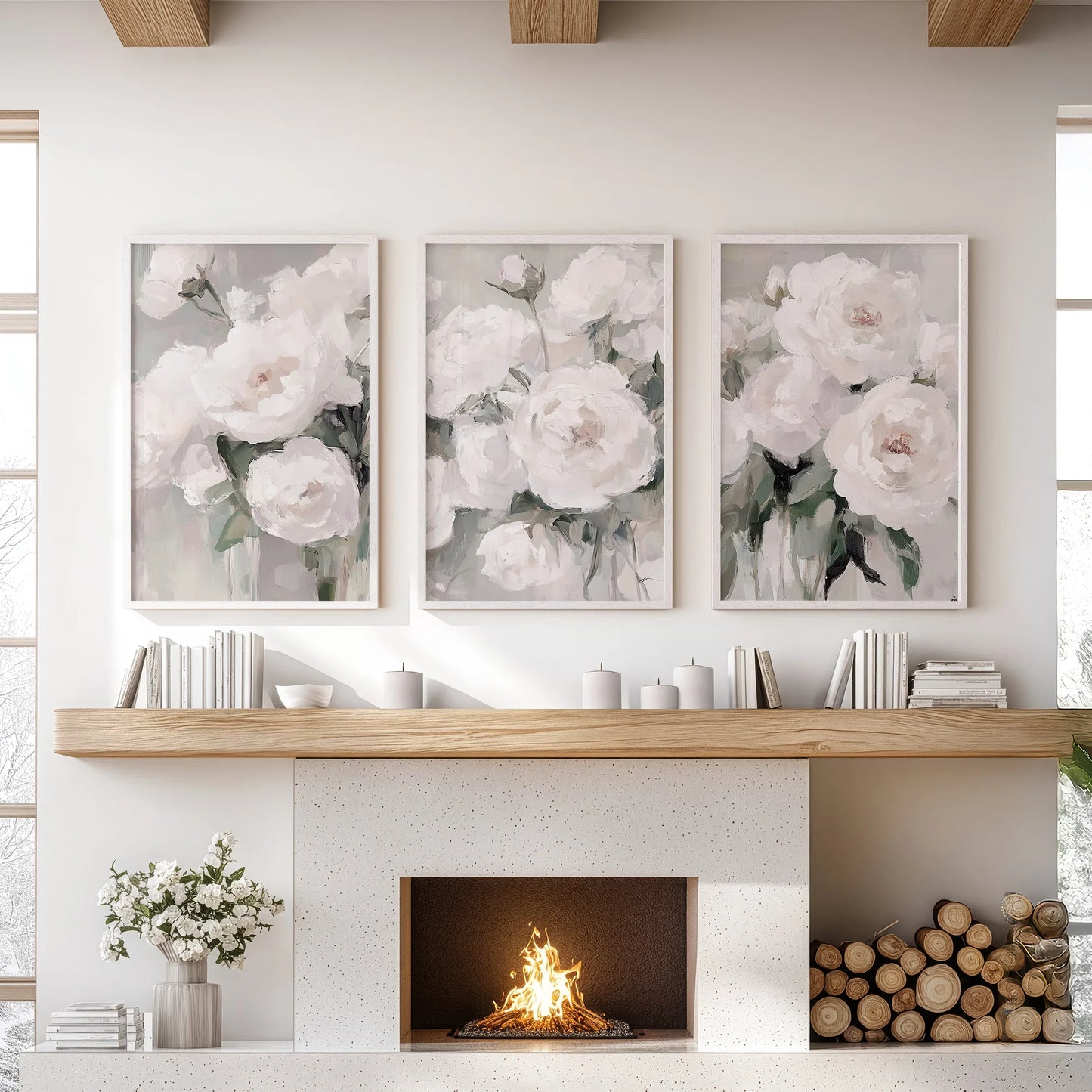 Romantic White Peony Wall Art Set of 3 Floral Prints