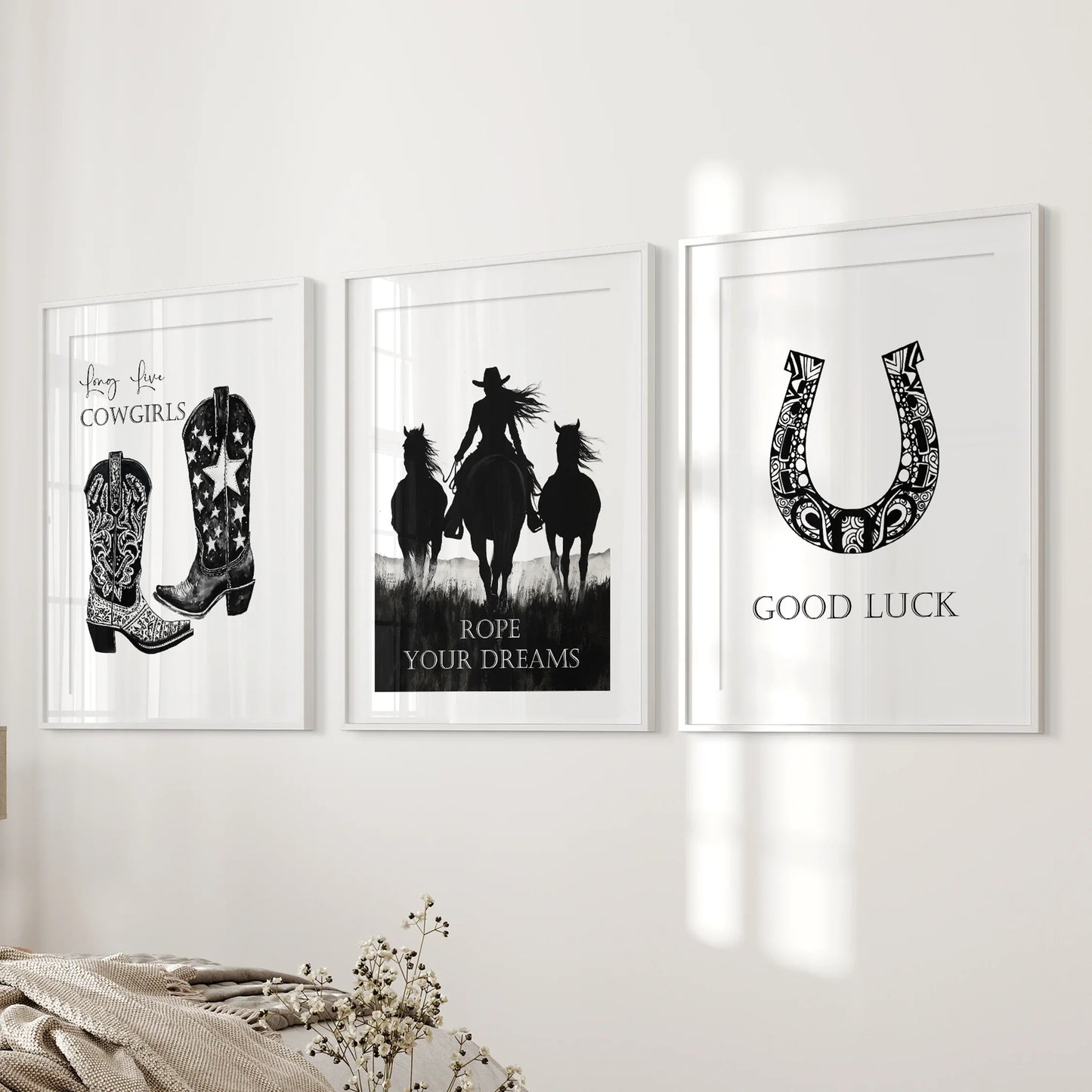Western Cowgirl Wall Art Set of 3 Black and White Prints